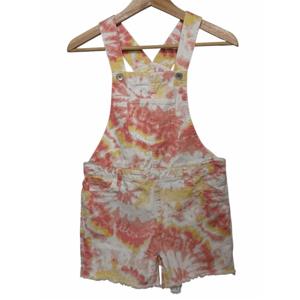 Childrens Place Coral Yellow Tie Dye Shortalls Pockets Boho Casual Girls Sz 12